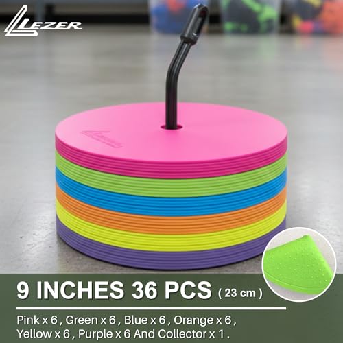 LEZER 9 Inch Flat Cones, Spot Markers, Soccer Cones, Field Court Markers, Sit Spots, Flat Discs, Soccer Training Equipment, Agility Practice, Football, Made in Taiwan - style: 9 inch with 36 pcs