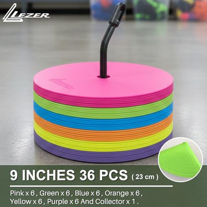 LEZER 9 Inch Flat Cones, Spot Markers, Soccer Cones, Field Court Markers, Sit Spots, Flat Discs, Soccer Training Equipment, Agility Practice, Football, Made in Taiwan