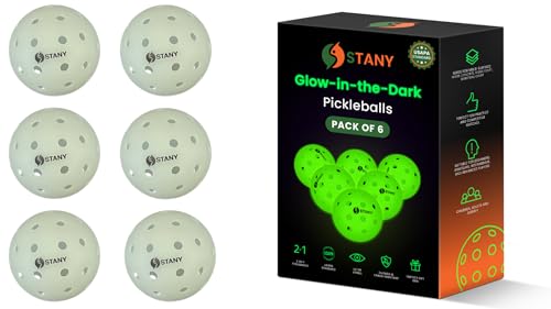 STANY Glow-in-the-Dark Pickleball Balls, Luminous, USAPA Standard, Indoor/Outdoor, 40 Holes, Ultra Visible, Nighttime Play, Unique Gift for Pickleball Lovers –6 Pack, Glows Green