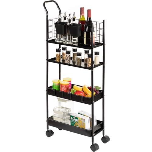 danpinera 4 Tier Slim Cart with Wheels, 7.7’’ Metal Skinny Rolling Storage Cart on Wheels for Kitchen, Bedroom, Office, Laundry Room, Small Narrow Spaces with Hooks and Cups, Black - color: Black, size: Slim (4 tier)