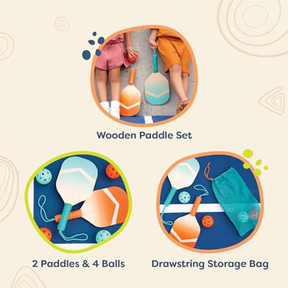 B. toys – Kids Pickleball Game – Wooden Paddle Set – 2 Paddles & 4 Balls – Drawstring Storage Bag – 3+ Years– Pickleball Set - style: Pickleball Set