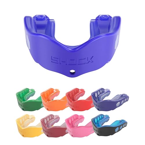 Shock Doctor Mouth Guard Sports, Hockey, Lacrosse, Baseball, Wrestling Moutguard, Gel Max Heavy Duty Protection & Custom Fit, Football Mouth Guard with Strap, Adult & Youth Mouthguard - color: Blue, size: Adult, style: Non-flavored