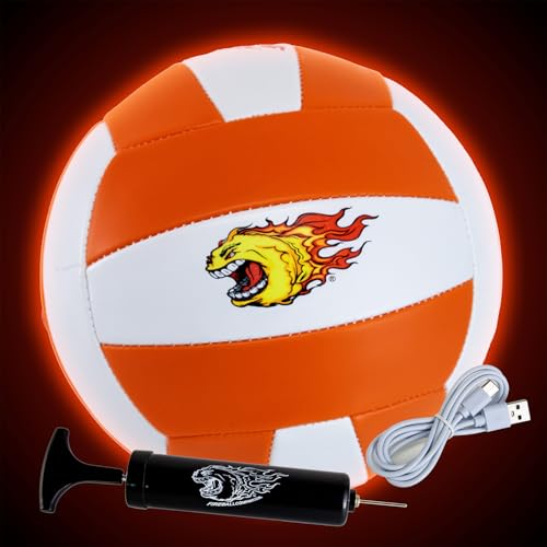 FIREBOMB® LED Glowing VolleyBomb™ Volleyball- Rechargeable Light-Up Football for Nighttime Fun, Laminated Leather Size 5, Orange and White Sports Ball for All Ages