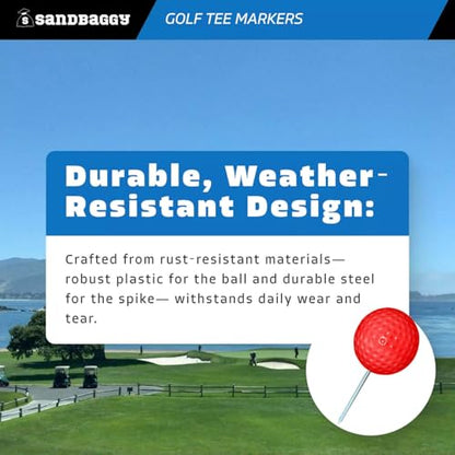Sandbaggy Plastic Tee Markers for Golf Course (UV Resistant) - Steel Spike - Safety Caps Included - color: Red