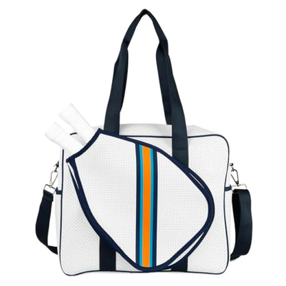 Brooklyn Pickleball Bag - Women's Pickleball Bag with fence hook, Quality Construction, Functional And cute Design - color: White/Navy/Orange