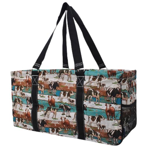 Extra Large Utility Tote Reusable Grocery Bag Oversized Collapsible for Groceries, Storage, Picnic, Beach (Country Cow-Black) - color: Country Cow-black
