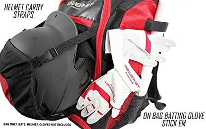 PowerNet Baseball Softball Backpack, Choose from 3 Colors Red Black Blue, Padded Helmet Carrier, Dual Bat Sleeves, Vented Cleat Compartment, Fence Hook, Hook and Loop Batting Glove Area - color: Red