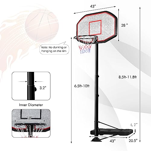 GYMAX Basketball Hoop, Outdoor 6.5FT-10FT Adjustable Basketball Goal with 43’’ Shatterproof Backboard & 18’’ Basket, All Weather Basketball Stand with Wheels, for Kids Youth Adult, Gym Driveway Court