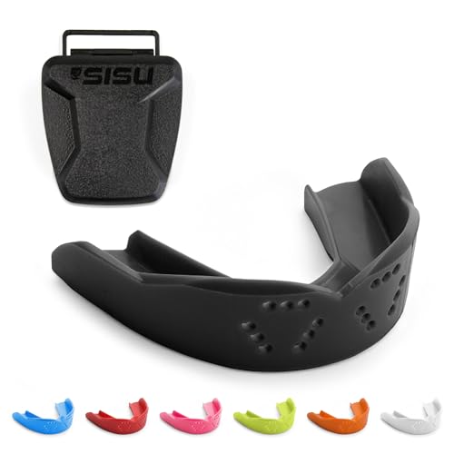 SISU 3D Mouthguard - Pre-Formed, Easy Fit Protection for Lacrosse, Football, Hockey, Team Sports - Remoldable Up to 20 Times - Non Toxic - color: Charcoal Black With Case, size: Adult (over 5' tall)