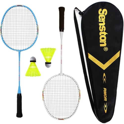 Senston Lightweight Beginner Badminton Set with 2 Rackets, 2 Shuttlecocks, Carry Bag - color: Blue and White