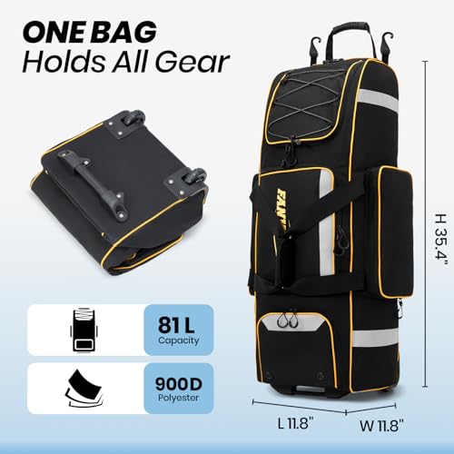81L Rolling Baseball Bag with Wheels, Softball Catchers Gear Bags for 4 Bats (Fits Up To 34"), Separate Shoe Compartment, Safety Reflective Strip, Fence Hook, Foldable T-Bag for Youth & Adult - color: Black