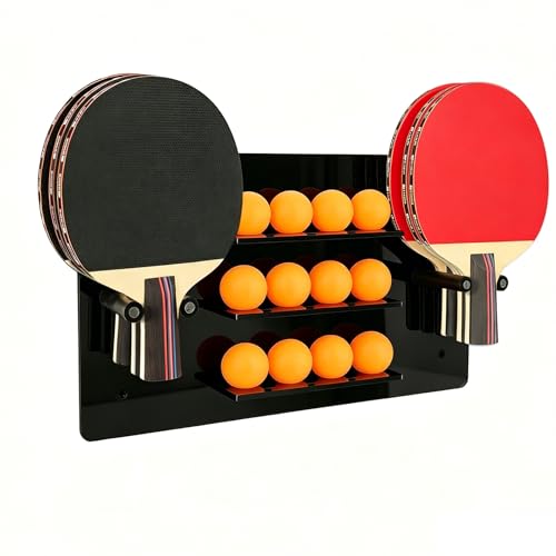 Ping Pong Paddle Holder, Wall Mounted Acrylic Table Tennis Racket & Ball Storage Rack, Holds 6 Paddles and 12 Balls, Space Saving Organizer for Game Room Home Gym, Black
