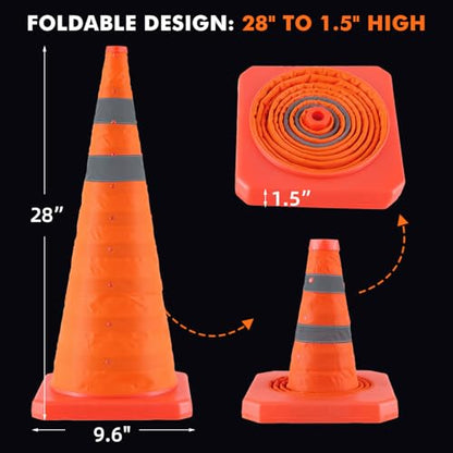 Jade Butterfly 28 Inch 4 Pack Collapsible Traffic Safety Cones, Orange Cones with Reflective Collar, Portable Multipurpose Traffic Cones for Parking Construction Driving Training Sports Practice - size: 28” - 4PACK