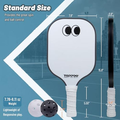 TOPPRO Pickleball Paddles Set of 2, Fiberglass Face, Polypropylene Honeycomb Core, Lightweight Pickleball Rackets 2 Pack - color: EYE Black & White