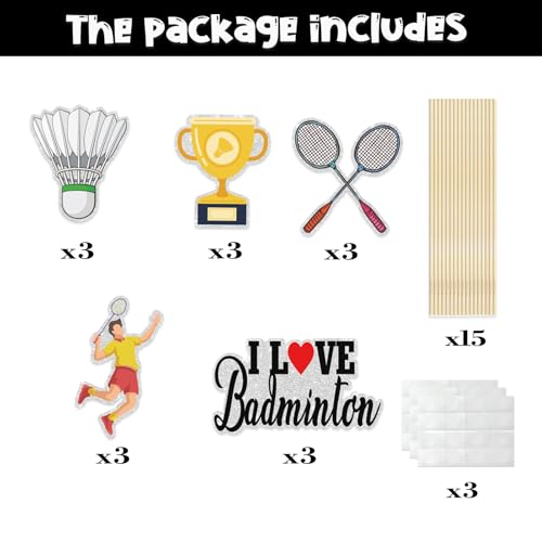 Badminton Table Centerpiece Stick, Badminton Themed Birthday Party Decorations, Trophy-Racket-Medals Set of 15 - color: Ilb