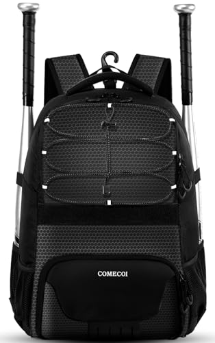 COMECOI Softball Bag, Lightweight Baseball Backpack with Shoes Compartment, Baseball Bat Bags with Fence Hook for TBall Bat & Equipment, for Batting Mitten, Helmet, for Girls, Boys, Youth, Adults - color: Black