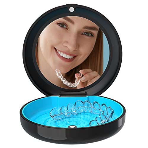 Retainer Case with Mirror, Orthodontic Dental Case for Braces, Mouth Guard, Dentures, Teeth Aligner, Night Guard Container Storage Holder Black