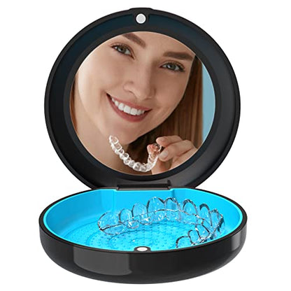 Retainer Case with Mirror, Orthodontic Dental Case for Braces, Mouth Guard, Dentures, Teeth Aligner, Night Guard Container Storage Holder Black