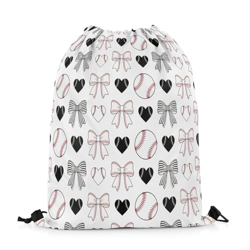 Castle Fairy Baseball Bow Drawstring Backpack Bag,Baseball Love Heart String Bag Sackpack,Sports Ball Games Water Resistant Backpack for Gym Shopping Sport Yoga,Black White - color: Black White