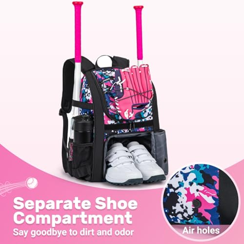 KAVIGOR Youth Baseball Bag, Softball Bag for Girls & Boys, Kids Tball Backpack with Shoes Compartment - color: Pink Camo