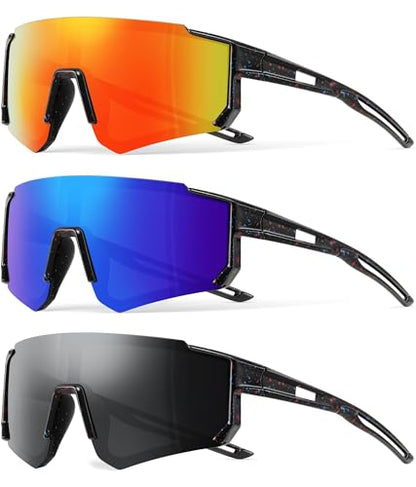 3PACK Kids Sunglasses Youth Baseball Sunglasses for Boys Girls Age 4-12,Softball Sports Cycling Goggles UV Protection - color: A05-black+deep Blue+black Red