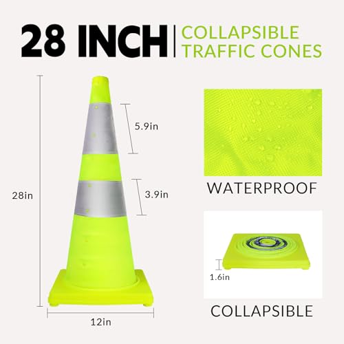 WHDZ 28 Inch Collapsible Traffic Cones Safety Cones with Reflective Collar Multi Purpose Pop-up Cones for Driving Training, Parking Lots (4 Pack) - color: Green