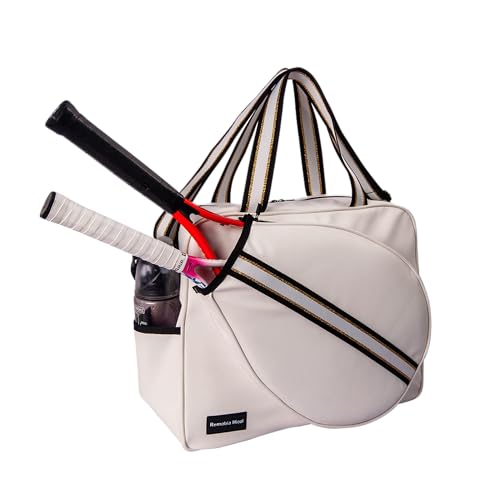Remobia Hicol White PU Leather Women Large Sports Handbag Tennis Racket Shoulder Bag Tennis Tote Bag for 2 Rackets, with Water Bottle Holder