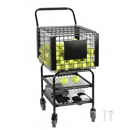 Tennis Ball Basket Pickup Hopper Cart Holds 350 Balls Tennis Ball Hopper Basket Collector Trolley 2 Layers with Wheel for Serve Training