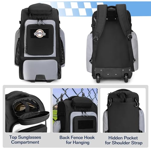 GOBUROS Rolling Baseball Backpack with Wheels, Softball Catchers Equipment Bag Holds 4 Bats, Roller Baseball Backpack with Shoe Compartment and Multiple Pockets for Baseball Gear with Fence Hooks