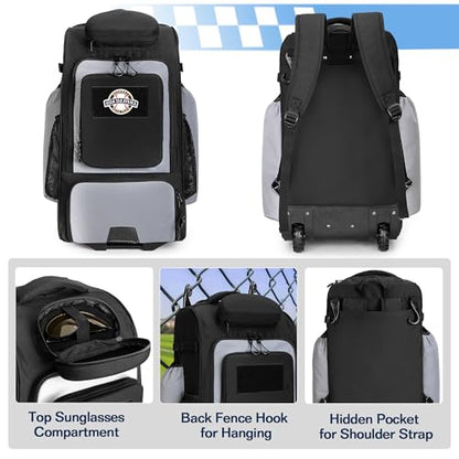 GOBUROS Rolling Baseball Backpack with Wheels, Softball Catchers Equipment Bag Holds 4 Bats, Roller Baseball Backpack with Shoe Compartment and Multiple Pockets for Baseball Gear with Fence Hooks