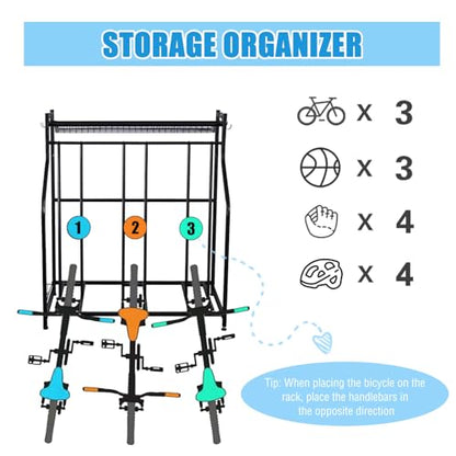 Mythinglogic Garage Bike Storage Rack, Freestanding Organizer for Adult or Kids Bike, 3 Bicycle Holder for Indoor and Outdoor Use