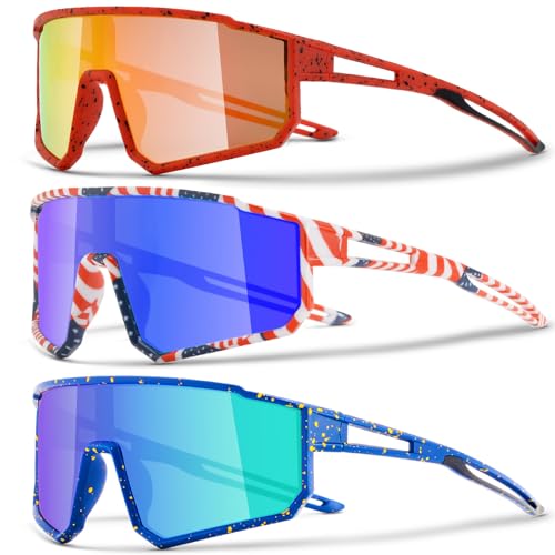 3PACK Kids Sunglasses for 6-14 Boys Girls, Youth Baseball and Cycling UV400 Protection Goggles - color: 3pcs-yellow Red+blue Red+green Blue-k10