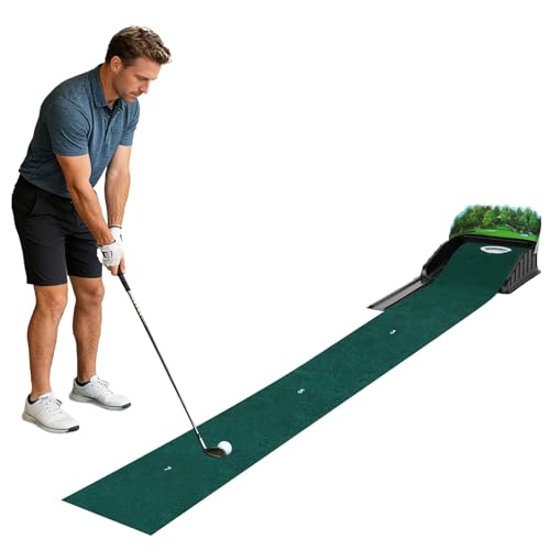 Putting Green Indoor with Auto Ball Return System, 8.5ft Golf Putting Mat with Distance Markers, Synthetic Fiber Surface, Portable Golf Trainer for Home, Office