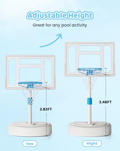 Pool Basketball Hoop, Adjustable Swimming Pool Basketball Goal, Stainless Steel Poolside Hoop with 32" Shatterproof Backboard, Portable Poolside Basketball, 2 Balls & Pump Included