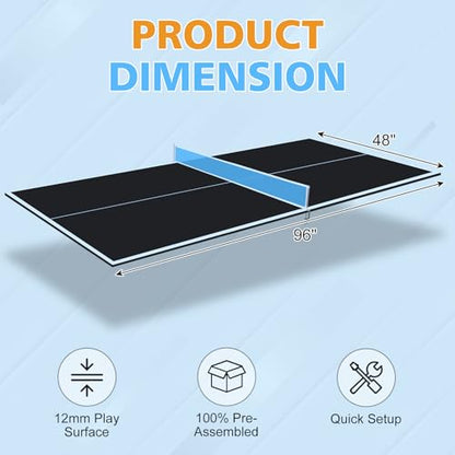 8FT Foldable Ping Pong Conversion Top for Pool Table | Portable Indoor Table Tennis Topper with Net & EVA Pads, Easy Setup & Storage,Black