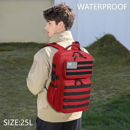 Wotony Military Tactical Backpack for Men Waterproof Daypack 3 Day Assault Pack Molle Bag with Water Bottle Holder - color: Red, size: 25L