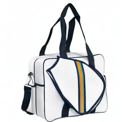 Brooklyn Pickleball Bag - Women's Pickleball Bag with fence hook, Quality Construction, Functional And cute Design - color: White/Navy/Orange