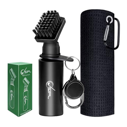 Golf Towel and Golf Club Brush Cleaner Set, 16x16 Inch Premium Microfiber Golf Towel, Golf Club Cleaning Brush with Retractable Clip & Squeeze Water Bottle, Essentials Golf Accessories for Men