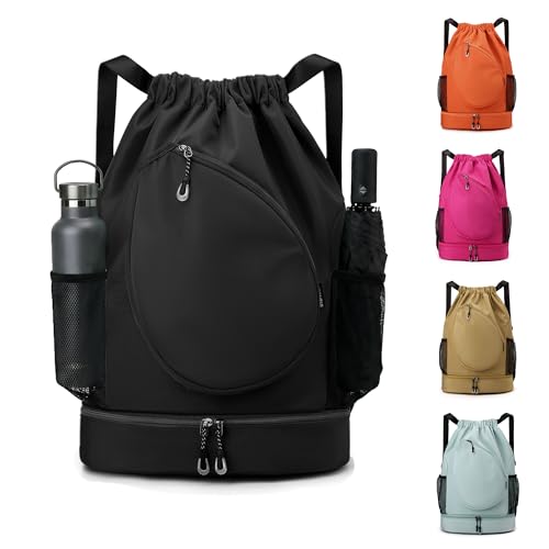 Sports Drawstring Backpack, Badminton Gym Bag Holds 2 Rackets with Shoe Compartment, Off-work, Everyday & Overnight Weekend - color: Black