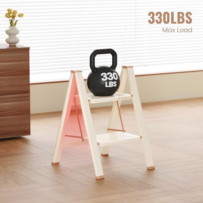 2 Step Ladder, 2 Step Stool for Adults, Folding Step Ladder with Secure Footing, Widened Pedal, Aesthetically Pleasing Looking, Blends Right into Domestic Rooms, Cream Chocolate - size: 2 Step
