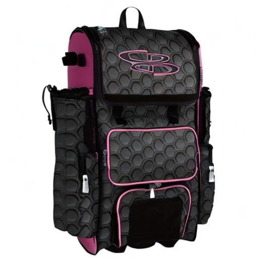 Boombah Rolling Superpack 2.0 3DHC Baseball/Softball Gear Bag - 23-1/2" x 13-1/2" x 9-1/2" - Multiple Colors - Telescopic Handle and Holds 4 Bats - Wheeled Version - color: Black/Pink