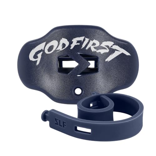 Football Mouth Guard – Youth Football Mouthpiece with Strap – Breathable, Comfortable – Sleefs - color: God First Navy Blue
