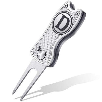 Golf Divot Repair Tool with Letter Custom Monogrammed Initial Ball Marker Divot Tool New Year Golf Gifts Foldable Metal with Magnetic Putt Alignment for Men Father Golfer - color: Silver, style: Letter D