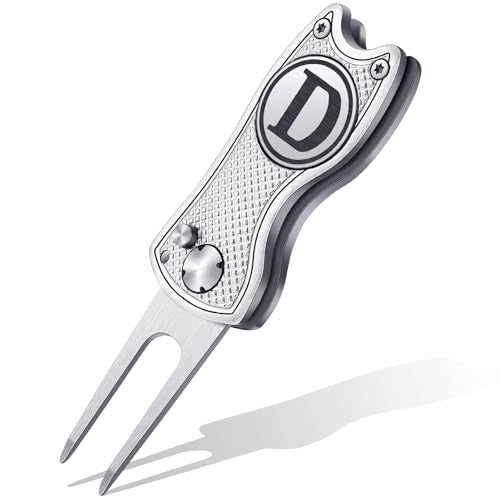 Golf Divot Repair Tool with Letter Custom Monogrammed Initial Ball Marker Divot Tool New Year Golf Gifts Foldable Metal with Magnetic Putt Alignment for Men Father Golfer - color: Silver, style: Letter D