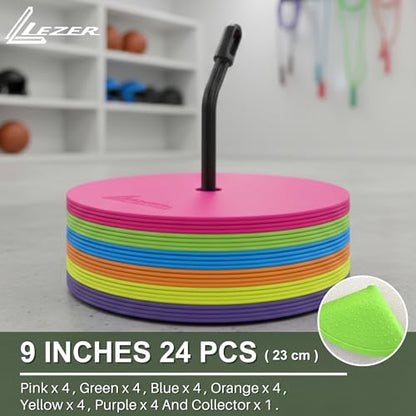 LEZER 9 Inch Flat Cones, Spot Markers, Soccer Cones, Field Court Markers, Sit Spots, Flat Discs, Soccer Training Equipment, Agility Practice, Football, Made in Taiwan - style: 9 inch with 24 pcs