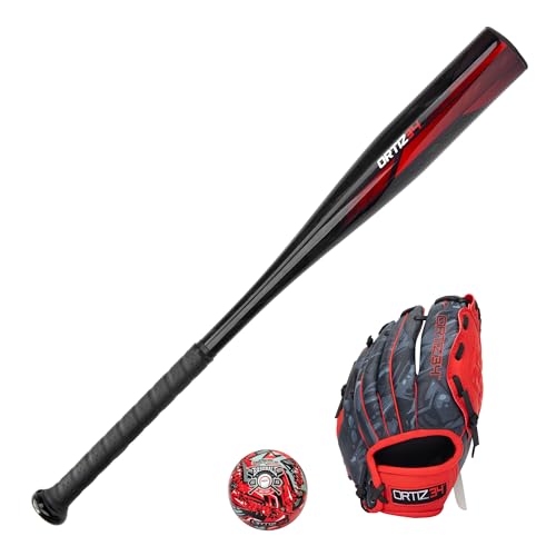 Ortiz34 Youth T-Ball Set, 25” Signature Aluminum T-Ball Bat with -10 Drop, Foam Core T-Ball, 9” Lightweight Youth Glove, Vibrant Graffiti Print - color: Red/Black