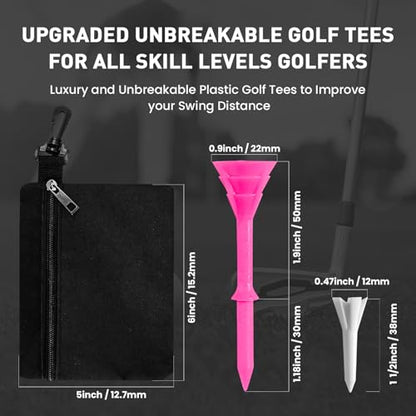 FINGER TEN Golf Tees Plastic Unbreakable 30 Tees 3 1/4 Inch and 20 More Short Tees 1 1/2 Inch with Black Golf Tee Bag, Easy to Find Value Gift Set - color: Pink