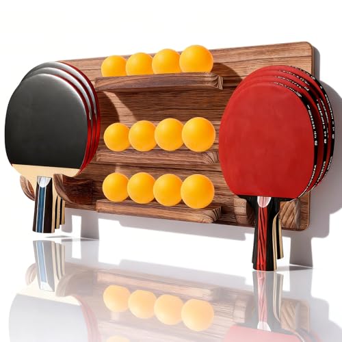 Ping Pong Paddle Holder, Wood Table Tennis Racket Display Wall Mounted Holder for 6 Paddles and 12 Balls Storage, Ping Pong Accessories Organizer for Game Room, Home