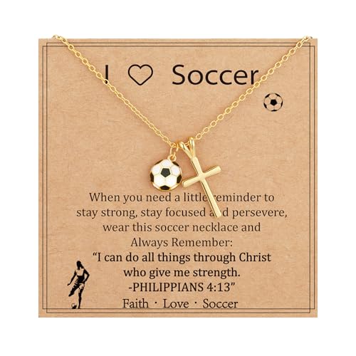 Gnamy Softball/Volleyball/Basketball/Soccer Necklace for Teen Girls Women, Gold/Silver Cross Pendant Sport Accessories Christian Religious Jewelry Gifts for Teens Kids Lovers - color: Gold, style: Soccer