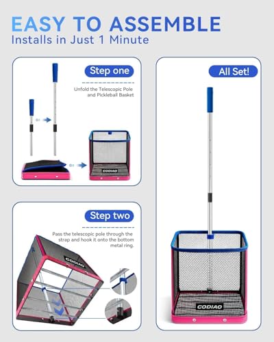 Pickleball Picker Upper 40+ Ball Capacity Hopper Holder, Foldable Basket with Telescopic Stainless Steel Handle, Quick Pickup No Bending Ball Retriever Collector, Portable for Court Training